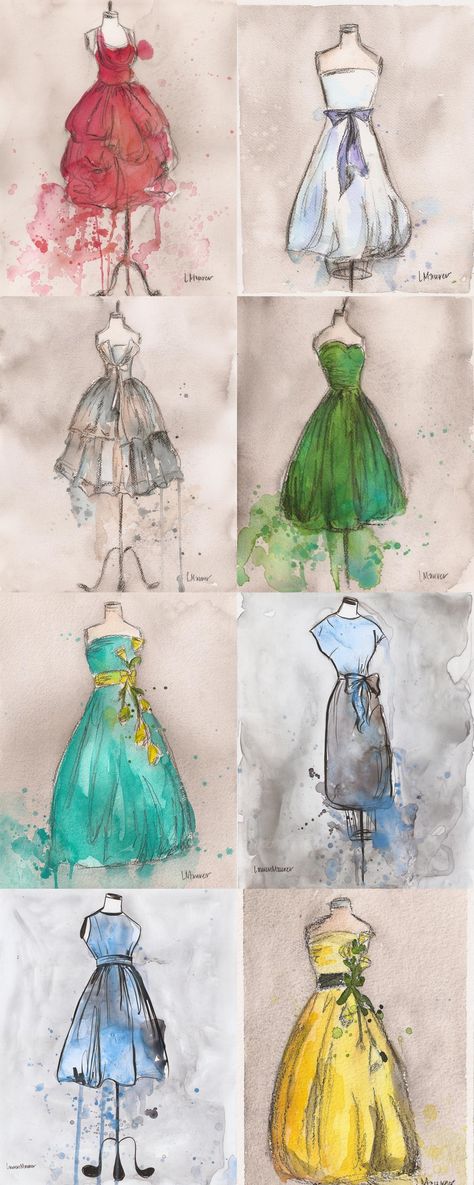 Art ~ Lauren Maurer ~ Watercolour Vintage Dresses!    I am blown away by the beauty of these paintings by Lauren Maurer.  They just seem to capture everything that is wonderful about vintage dresses, in a style that exudes class and softness.  Gorgeous! Cat Air, Drawing Style, Seni Cat Air, Illustration Watercolor, Dress Drawing, Design Drawings, Fashion Design Sketches, Art And Illustration, Drawing Tips