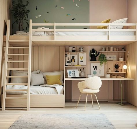 Kids Room High Bed, Kids Room With Loft Bed, Three Kids Bedroom, 2 Kids 1 Room Small Spaces, Two Loft Beds In One Room, Bedroom With Glass Wall, Small Spare Room Ideas Multi Purpose, Bunk Bed And Desk, Kids Bedrooms Ideas