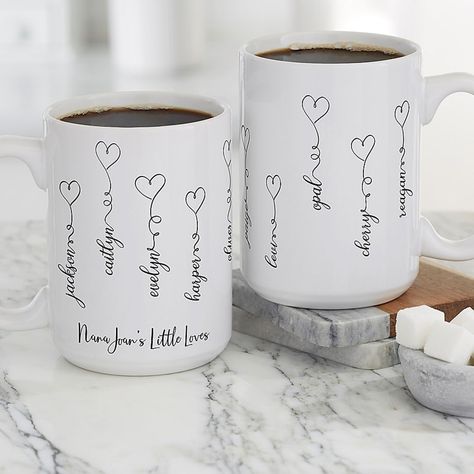 Connected By Love 15 Oz. Personalized Coffee Mug In White - Her heart will be full when she drinks from the Connected By Love Personalized Coffee Mug designed exclusively for that special lady. Personalized with any title and 1 line of text and up to 20 names. - kitchen ideas Personalized Mugs Diy, Personalized Mugs Vinyl, Customized Mugs Ideas, Personalized Mug Ideas, Mom Mug Ideas, Mug Design Ideas, Mothers Day Mugs, Gift Idea For Grandma, Mug For Grandma