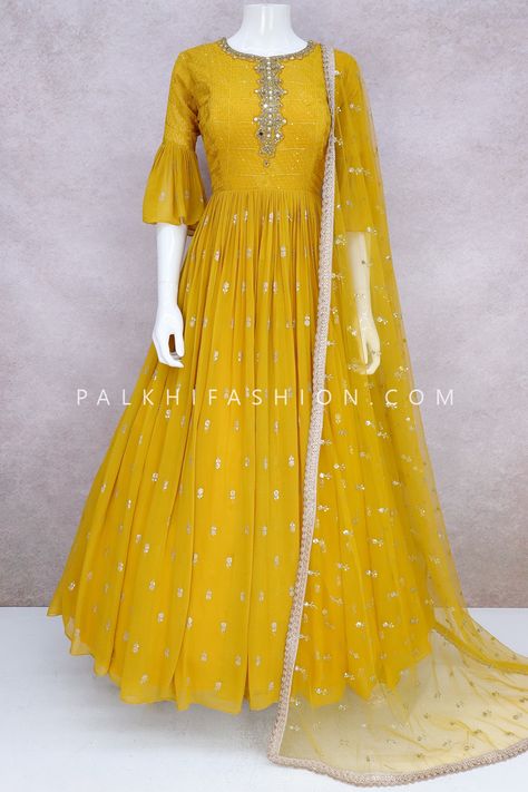 Add grace and charm to your appearance in this light mustard pure georgette Indian outfit   	Beautify with embroidery, stone, cutdana, zardozi, sequin embroidery, and mirror work   	Work quality is neat and alluring   	It comes with a matching soft net dupatta with sequin embroidery work   	Eye-catching colors and attractive work makes the outfit outstanding          NOTE     	 We offer free alteration of sizes   	The dress length is approximately 60 inches   	Call/ Whatsapp (832) 243 Blouse Peturn, Palkhi Fashion, Orang India, Indian Dresses Online, Designer Anarkali Dresses, Long Frock Designs, Long Dress Design, Indian Gowns Dresses, Kurta Designs Women