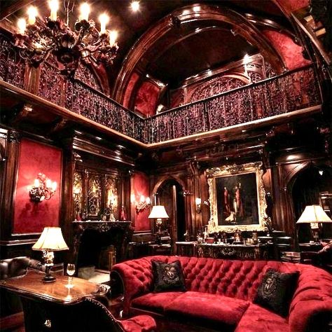 Red Gothic Living Room, Dark Red Living Room Ideas, Dark Red House Interior, Neo Victorian Interior, Red Couch Aesthetic, Vampire Interior, Red House Interior, Vampire Living Room, Gothic Mansion Interior