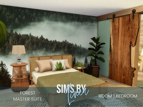 The Sims Resource - Forest Master Suite Black Modern Mansion, Forrest Bedroom, Contemporary Bungalow, Wall Terrarium, Forest Bedroom, Forest Room, Sims 4 Bedroom, Cc Furniture, Pastel Nursery