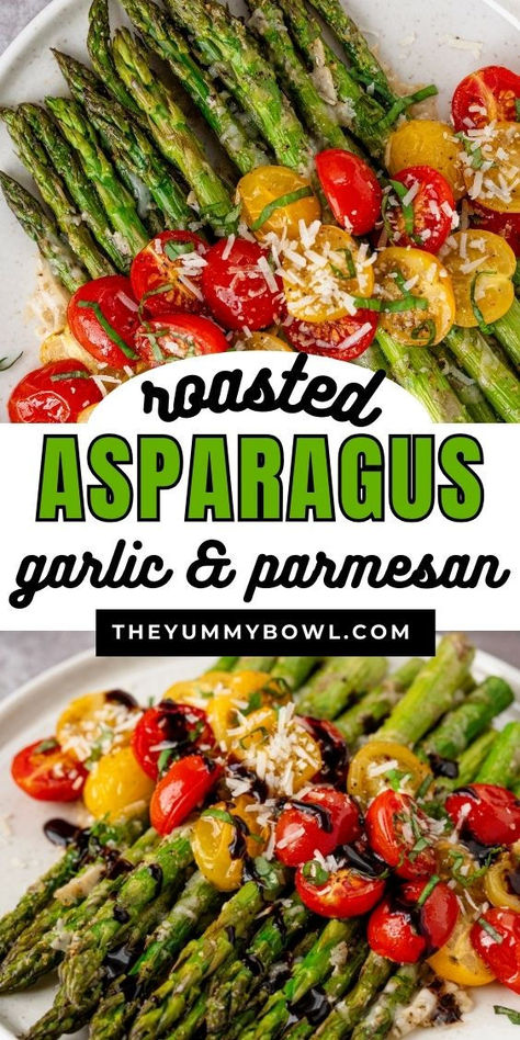 Roasted asparagus with garlic, tomatoes, and parmesan is the most delicious healthy side dish that everyone will love. This easy side is packed with all your favorite flavors and pairs so well with any main course for a filling lunch or dinner. Healthy roasted asparagus is sure to become a favorite at your table. Try this recipe today! Asparagus With Tomatoes, Asparagus With Cheese, Cheesy Asparagus, Tomato Side Dishes, Asparagus Side, Roasted Beets And Carrots, Pork Crockpot Recipes, Asparagus Recipes Roasted, Oven Roasted Asparagus