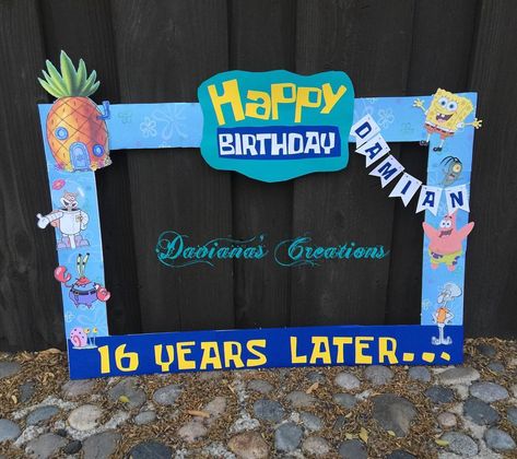 Daviana💋💕 on Instagram: “Spongebob order. Kids first bday was spongebob. And 16 years later....😬 #spongebob #spongebobparty #partypictureframe #photobothprops…” Spongebob Picture Frame, Spongebob Photo Frame, Spongebob Birthday Party Decorations Printable, Spongebob Photo Booth, Sweet 16 Spongebob, Spongebob Birthday Party 16, Spongebob Centerpieces Birthdays, Spongebob 16th Birthday Party, Spongebob Birthday Party Adult