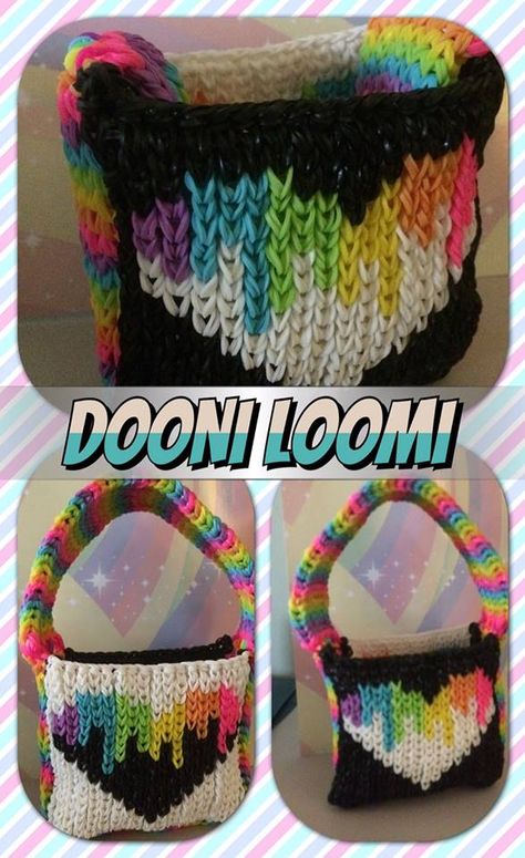 Rainbow Loom Purse. Loomed by Lauren Sachse. Rainbow Loom FB page. 04/09/14 Rainbow Loom Purse, Heart Mural, Crazy Loom, Loom Band Patterns, Fun Loom, Loom Love, Rainbow Loom Tutorials, Loom Band Bracelets, Melting Heart