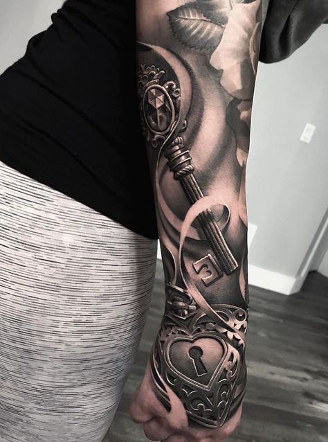 - Realistic Tattoos by Greg Nicholson  <3 <3 Lock Key Tattoos, Locket Tattoos, Trash Polka Tattoo Designs, Realistisches Tattoo, Catrina Tattoo, Feminine Tattoo Sleeves, Key Tattoos, Realistic Tattoo Sleeve, Key Tattoo