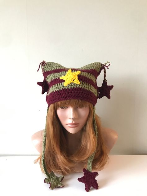 Crochet Cat Ears Beanie with Stars for Women Cat Beanie Gift for Her Crochet Cat Hat Women Striped Beanie Christmas Gift by GrahamsBazaar on Etsy Crochet Cat Ears, Hat With Stars, Cat Ears Beanie, Crochet Cat Hat, Cat Ears Hat, Cat Eared Beanie, Striped Beanie, Cat Beanie, Striped Cat