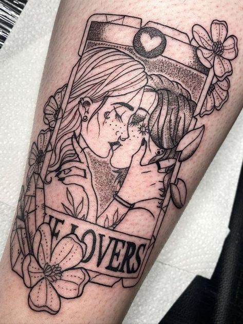 Stephii Jayne > The Lovers #tattoo #ink #art The Lovers Lesbian Tattoo, Tarot Tattoo Sleeve, Wlw Tattoo Ideas, Wlw Tattoos, Sapphic Tattoo, The Lovers Tarot Card Tattoo, The Lovers Tattoo, Lesbian Tattoo, Aa Tattoos