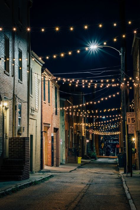 String lights over Chapel Street at night in Butchers Hill, Baltimore, Maryland Baltimore Street, Location Unknown, Street At Night, Small Towns Usa, Street Lighting, Baltimore City, Aesthetic City, Dream Place, Dslr Background Images