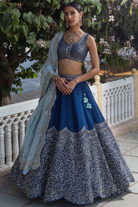 Featuring an ink blue lehenga in chanderi base with glass beads, sequins, pearl, and zardosi hand embroidery. It is paired with a matching sleeveless blouse and an organza scalloped dupatta.  FIT: Fitted at bust and waist. COMPOSITION: Chanderi, Organza. CARE: Dry clean only. Modern Lehenga Designs, Lehenga Indian, Indian Bridesmaid Dresses, Wedding Outfits For Women, Simple Lehenga, Choli Dress, Indian Outfits Lehenga, Wedding Lehenga Designs, Lehenga Designs Simple