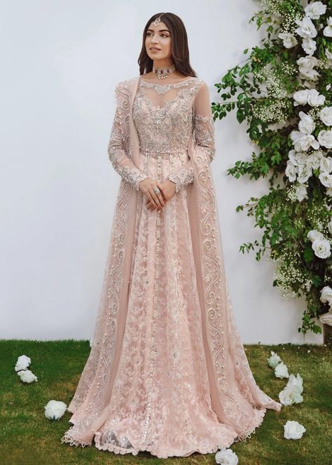 This design features a pearl, resham thread and zardozi worked bodice over and embroidered and embellished organza flare. Fabric: Net & Organza Colour: Powder Pink Includes: Peshwas, Lehnga and Dupatta Disclaimer: Materials sourced from the market (e.g. Mukesh pattern of dupatta) are subject to availability. If the same option is not available, the brand will share alternate options that match the closest. Kinza Hashmi Bridal Shoot, Lehenga Pink, Baju Kahwin, Kinza Hashmi, Walima Dress, Desi Wedding Dresses, Nikkah Dress, Desi Fits, Bridal Dresses Pakistan