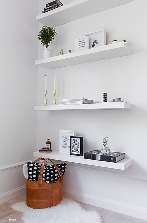 If you're trying to figure out how to organize a small bedroom on a budget, these 12 ingenious ways tips and tricks will get you there in no time! Bedroom Shelf Design, Simple White Desk, Toilets Ideas, White Desk With Drawers, Lack Shelf, Ikea Lack Shelves, Office Shelves, Floating Shelves Living Room, Diy Regal