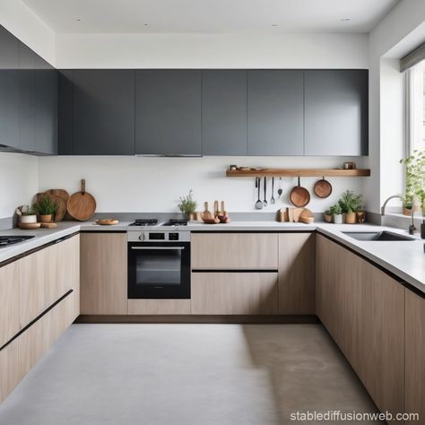 Kitchen in modern minimalism style without upper cupboards  ⭐ Simplistic Kitchen, Kitchen Cupboard Ideas, Trendy Kitchen Design, Kitchen Minimal, Modern Kitchen Cupboards, Cupboard Ideas, Closed Kitchen, Kitchen Cupboard Doors, Minimalism Style