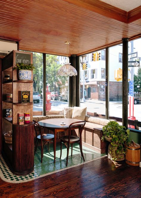 Kitchen Booth, Bakery Interior, Greenpoint Brooklyn, Cafe Seating, Mid Century Modern Kitchen, Vintage Cafe, Get Things Done, Cafe Interior Design, Vintage Interior