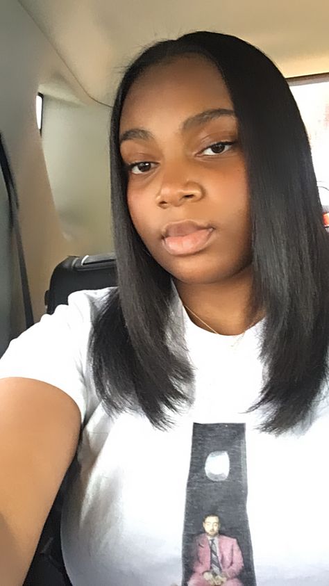 Silk Press Haircuts, Medium Length Straight Natural Hair Black Women, Medium Length Haircut Silk Press, Silk Press On Black Women, Silk Press Natural Hair Bumped Ends, Relaxed Hair Layers, Straight Perm Hairstyles Black Women, Short Layered Silk Press, Layers Silk Press