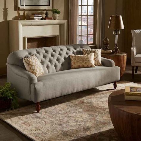 Traditional Living Room Furniture Sofas, Fireplace Sofa, French Country Sofa, Cozy Living Room Furniture, Taupe Sofa, English Roll Arm Sofa, Sofa Linen, Diamond Tufting, Traditional Sofa