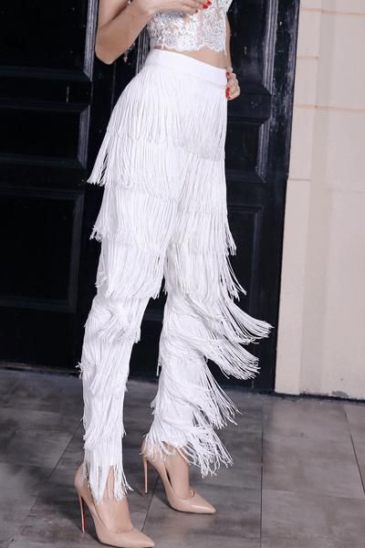 Fringe Pants, Zipper Pants, Tassels Fashion, Pants White, Floral Print Maxi Dress, Floral Print Maxi, Haute Couture Fashion, Cow Boy, Straight Pants