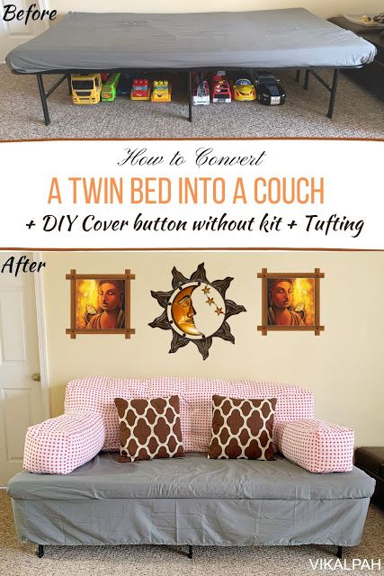 How to convert a twin bed into a couch + DIY fabric cover button without kit + tufting tutorial Twin Mattresses As Couch, Convert Twin Bed To Couch, Twin Bed Sofa Diy Couch, Bed To Couch Ideas, Diy Couch Pillows, Bed To Couch Diy, Twin Bed Couch Diy, Bed Couch Diy, Turning A Bed Into A Couch