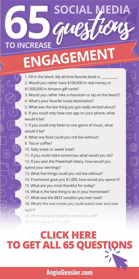 Asking questions on social media is a great way to engage your audience. But thinking of creative questions to ask is time-consuming and overwhelming. Social media doesn't have to be so hard! Here are 65 social media questions you can ask to increase engagement. You have to try these questions. They seriously work! #angiegensler #increaseengagement #smallbusiness #socialmedia  #socialmediatips #socialmediamarketing via @angiegensler Social Media Conversation Starters, Q&a Social Media Post, Runny Mascara, Work Wisdom, Instagram 101, Business Activities, Social Media Guide, Business Guide, Engagement Posts