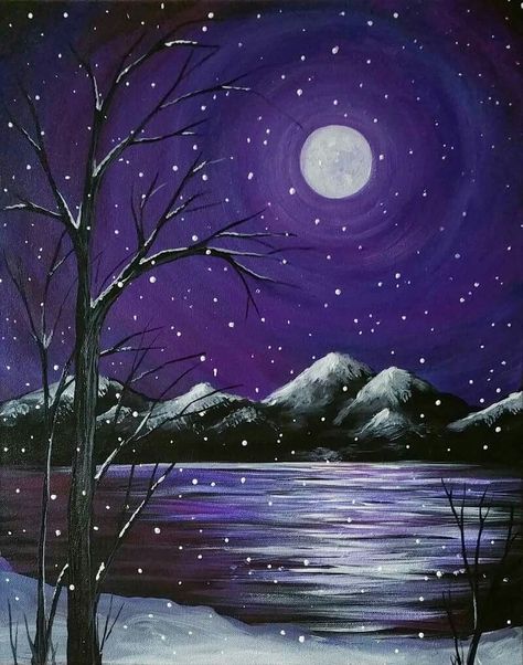 Nocturno Canvas Painting Projects, Christmas Paintings On Canvas, Simple Canvas Paintings, Winter Painting, Canvas Painting Diy, 수채화 그림, Canvas Ideas, Simple Acrylic Paintings, Night Painting