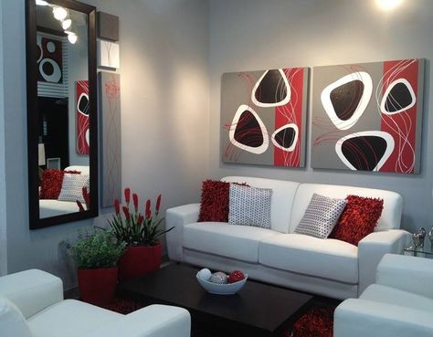 Livingroom Restroom Decoration Ideas, White And Red Living Room, Restroom Decoration, Grey And Red Living Room, Red Living Room Decor, Red Living Room, Silver Living Room, Classy Living Room, Red Living