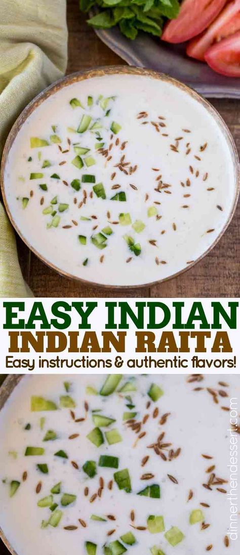 Easy Indian Raita made with yogurt, cumin, cucumbers and coriander makes a perfectly easy cooling sauce to cover your delicious spicy Indian recipes. | #indianfood #indianrecipes #yogurtsauce #indiansauce #raita #tzaziki #cucumberyogurtsauce #dinnerthendessert #easyindianfood Indian Raita, Indian Cucumber, Cucumber Yogurt Sauce, Indian Sauces, Cucumber Sauce, Mexican Corn Salad, Cucumber Raita, Indian Chicken Recipes, Easy Indian Recipes