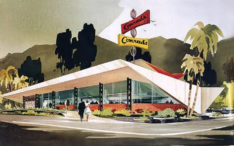 Mid-century modern architecture Atomic Architecture, Streamline Moderne Architecture, Coffee Shop Food, Mid Century Modern Ranch, Los Angeles Architecture, Googie Architecture, Country America, American Advertising, Midcentury Architecture