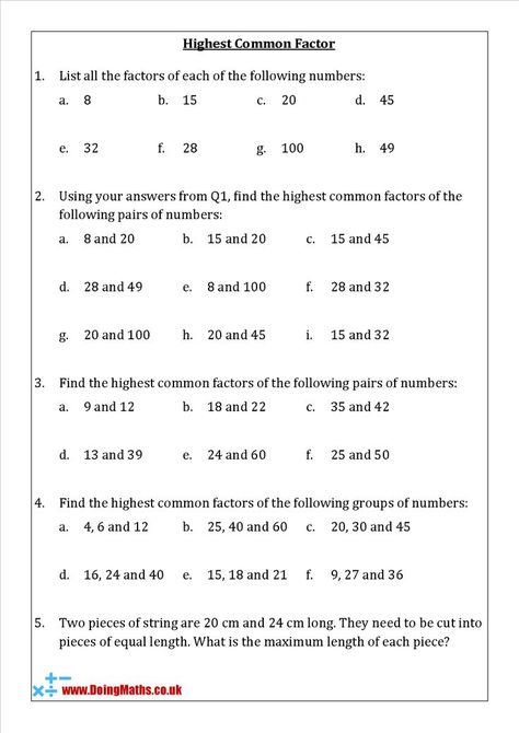 Highest common factors free maths worksheet Highest Common Factor, Factors Worksheet, Finding Factors, Basic Math Worksheets, Maths Worksheet, Common Multiples, Greatest Common Factors, Factors And Multiples, Sixth Grade Math