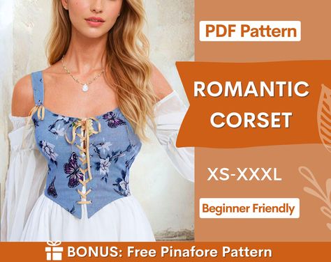 Romantic Corset Top Sewing Pattern 🪡 💥 Get more than 310 patterns and free new patterns every month with our Whole Shop Bundle 👉  www.etsy.com/listing/1315834001 Check our Corsets Bundle 👉 https://www.etsy.com/listing/1499014647 This pattern comes with an illustrated sewing guide with step by step instructions, making it super easy to make your own garment.  If you're looking for an advanced beginner project that will take 2 hours to make then this is perfect for you!  Pattern Includes: ✔️ S Corset Top Pattern Free, Stay Pattern, Diy Corset Pattern, Bodice Pattern Free, Corset Top Sewing Pattern, Corset Top Sewing, Rennaisance Faire, Sewing Patterns Women, Cottagecore Corset