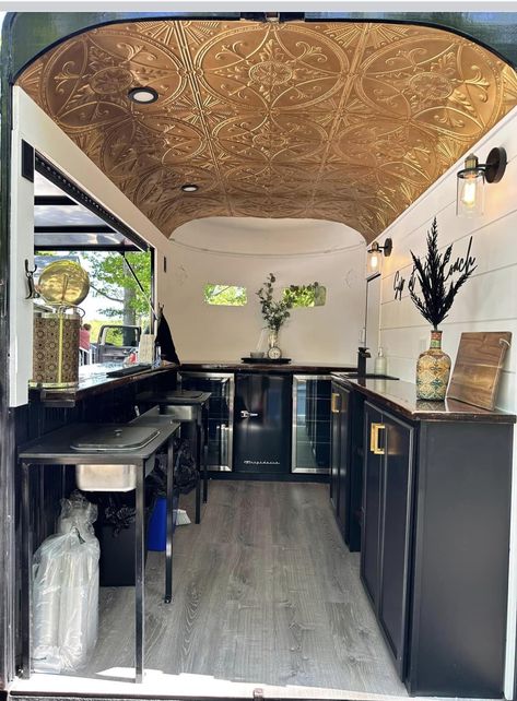 Caravan Coffee Shop Ideas, Enclosed Trailer Coffee Shop, Van Bar Ideas, Mobile Bar Camper Interior, Rv Converted To Food Truck, Traveling Coffee Bar, Coffee Shop Camper, Snack Trailer Ideas, Coffee Food Truck Menu Ideas