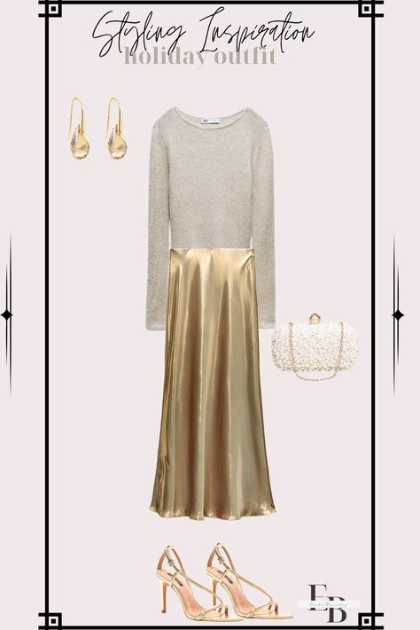 Style a satin maxi skirt with a cozy sweater for a warm and chic holiday outfit look. #holidayoutfit #goldskirt #sweateroutfit #holidayparty #pearlclutch Gold Maxi Skirt Outfit, Outfits Juveniles, Maxi Skirt Outfit, Satin Maxi Skirt, Gold Skirt, Maxi Outfits, Chic Holiday, Maxi Skirt Outfits, Cozy Holiday