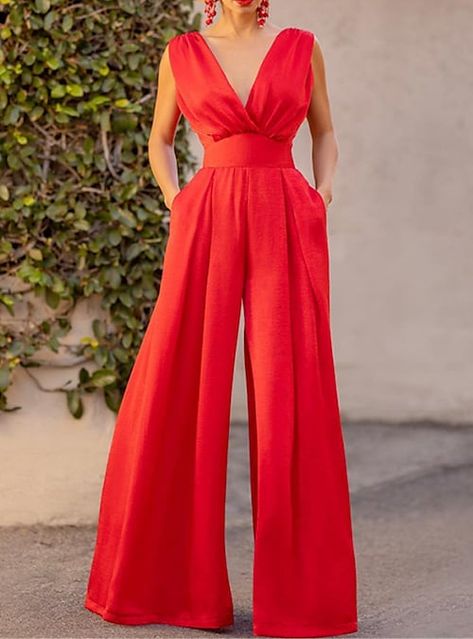 Jumpsuit Fitted, Solid Color Jumpsuits, Loose Jumpsuit, Fitted Jumpsuit, Jumpsuit Elegant, Casual Wide Leg Pants, Leg Sleeves, Red Jumpsuit, Long Jumpsuits