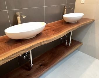 Walnut Vanity, Walnut Floating Shelves, Makers Studio, Live Edge Black Walnut, Vanity Counter, Rustic Vanity, Floating Shelves Bathroom, Black Walnut Wood, Floating Vanity