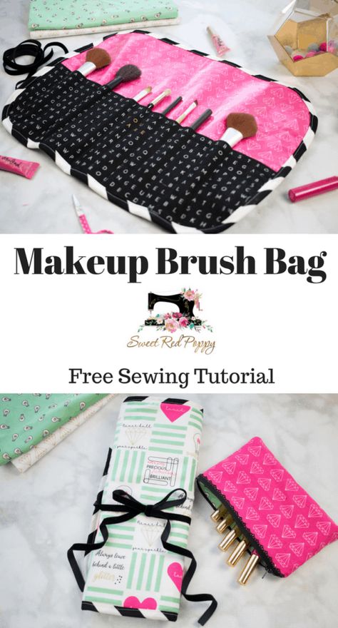 Free Make Up Brush Roll Sewing Tutorial by Sweet Red Poppy. Learn how to sew a makeup brush roll case, could also be used for a jewelry roll. Great gift for travelers Syprosjekter For Nybegynnere, Makeup Brush Roll, Tote Bag Pattern Free, Makeup Brush Bag, Beginner Sewing, Sewing Tutorials Free, Beginner Sewing Projects Easy, Leftover Fabric, Creation Couture