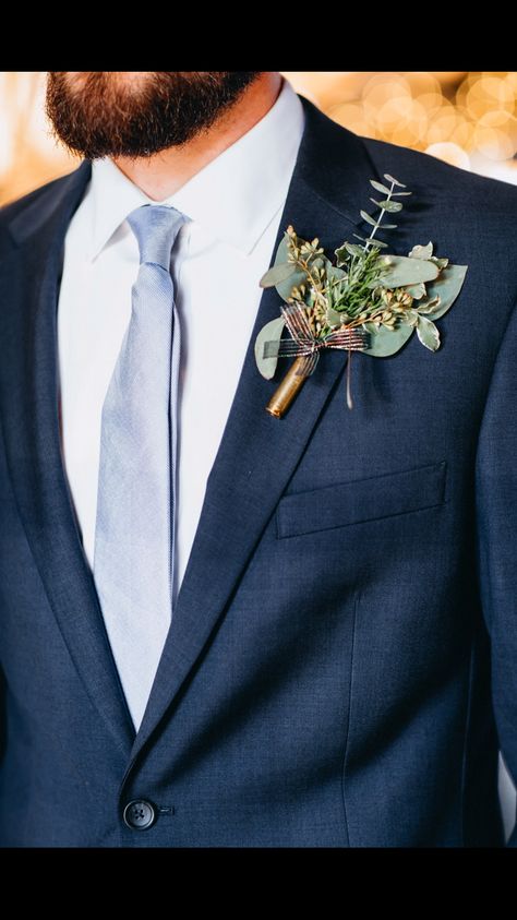 Boutonniere made from used bullet casings Shell Casing Boutonniere, Bullet Casing Boutonniere, Bullet Boutonniere, Boutonniere Ideas, Unique Rustic Wedding, Wedding Church Decor, Bride’s Mother, Wedding Stills, Late Summer Weddings