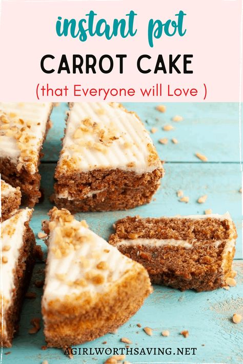 This Easy Instant Pot Carrot Cake is rich and spiced perfectly with cinnamon, nutmeg and cardamon. Top with cream cheese frosting and enjoy! Instant Pot Carrot Cake, Instant Pot Cake Recipe, Gluten Free Instant Pot, Pot Cake, Pot Cakes, Gluten Free Carrot Cake, Cinnamon Cake, Carrot Cake Recipe, With Cream Cheese Frosting