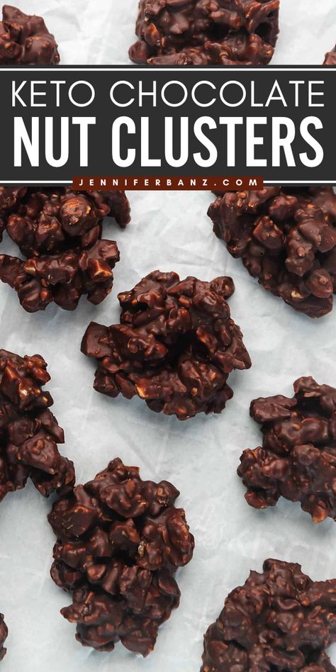 Want more sweet treats to make at home? This Keto Chocolate Nut Clusters recipe is full of pecans, walnuts, and almonds. This sugar-free snack is what you need that's chocolatey and crunchy! Pin this Christmas dessert idea! Low Carb Chocolate Desserts, Keto Chocolate Desserts, Carb Free Desserts, Keto Christmas Desserts, Mug Cake Keto, Chocolate Nut Clusters, Nut Cluster Recipe, Treats To Make At Home, Low Carb Christmas Recipes