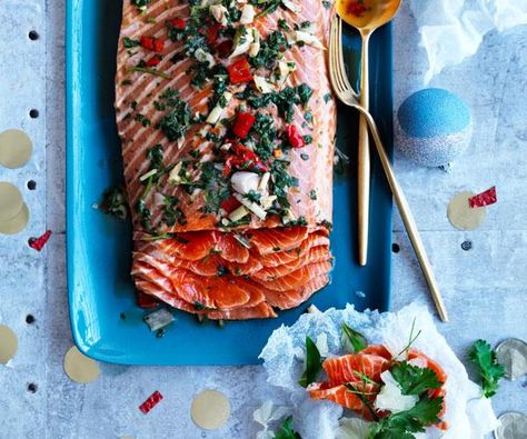 This cured ocean trout is cured in a soy souce, kaffir lime, chilli and lemongrass sauce for light Southeast Asian notes. Seafood might be a Christmas classic, but we're making this one all summer long. Easter Fish Recipes, Paper Crackers, Christmas Seafood, Rice Paper Recipes, Trout Recipes, Ceviche Recipe, Seasonal Salad, Australian Christmas, Best Seafood Recipes