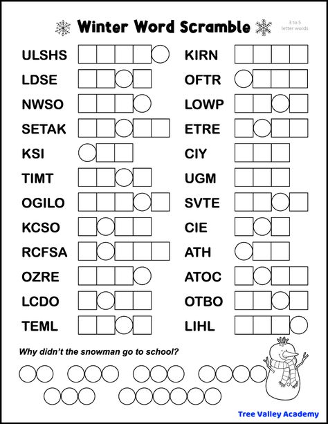 Free printable easy winter word scramble for kids with 24 jumbled 3 to 5 letter winter words to unscramble. When finished, the letters in the circles will spell the answer to a winter joke: "Why didn't the snowman go to school?" Codebreaker Word Puzzle, Christmas Spelling Words, Winter Word Scramble Free Printable, Winter Rebus Puzzles, Winter Themed Worksheets, Winter Crossword Puzzle Free Printable, Busy Work For Students, Snow Themed Activities For Kids, Christmas Worksheets For Kids 4th Grade