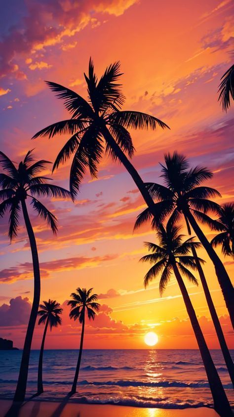 Tropical Asthetic Photos, Vacation Images Summer, Orange Sunrise Aesthetic, Sunsets And Sunrises On The Beach, Pretty Beach Sunset, Sunset At Beach, Hawaii Palm Trees, Image Cool, Beautiful Sunset Pictures