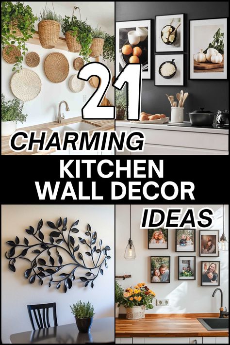 Make your kitchen cozy and stylish with these 21 creative wall decor ideas! From floating shelves to farmhouse signs, find inspiration to add personality and warmth to your kitchen walls. Perfect for any style, from rustic to modern! #KitchenDecor #WallDecorIdeas #HomeDecorInspiration #KitchenStyle #DecoratingTips Kitchen Decorations Wall, Dark Accent Wall In Kitchen, Art Over Kitchen Table, Small Wall Kitchen Decor, Random Kitchen Wall Ideas, Fun Kitchen Wall Decor, Plate Wall Decor Kitchen, Kitchen Wall Styling, Wall Art For Kitchen Ideas