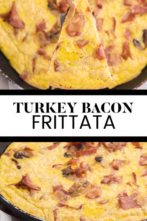 Two image collage of Turkey Bacon Frittata. First image shows a piece being cut out of the frittata. Second image is the frittata in the frying pan. Turkey Bacon Frittata, Turkey Bacon Breakfast, Dairy Free Frittata, Turkey Bacon Recipes, Bacon Frittata, Paleo Turkey, Alpha Gal, Mexican Food Dishes, Bacon Guacamole