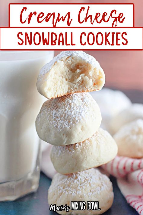 These Cream Cheese Snowball Cookies are loaded with tangy cream cheese flavor and baked to perfection then rolled in powdered sugar. Tasty! Powdered Sugar Cookies, Butter Cookies Christmas, Cream Cheese Cookie Recipe, Cream Cheese Ball, Snowball Cookie Recipe, Cranberry Cream Cheese, Snowball Cookies, Cheese Cookies, Cream Cheese Cookies