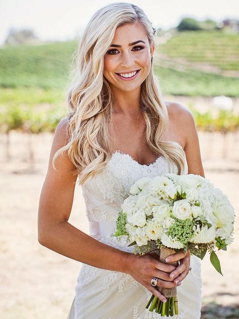 Casual curls are the perfect hairstyle for a strapless lace wedding dress. Country Wedding Hairstyles, Country Hairstyles, Casual Curls, Strapless Dress Hairstyles, Strapless Lace Wedding Dress, Blonde Bride, Rustic Wedding Hairstyles, Wedding Hairstyles Bride, Simple Wedding Hairstyles