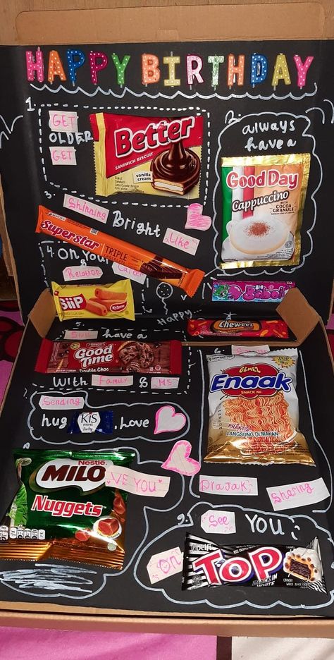 Craft Birthday Gift Ideas, Snack Box Gift Ulang Tahun, Gift Box Snack, Hampers Ulang Tahun Cowok, Kado Snack, Hadiah Aesthetic, Ide Kado Hari Guru, Kado Ideas, Gift Birthday Boyfriend