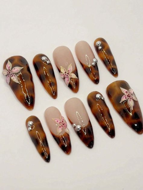 10pcs Handmade Vintage Luxurious Glossy Almond French Fake Nails, Brown Leopard Print, 3D Devil Flower Design, Metal Ball Decor, With Jelly Gel And Buffer Blocks, For Autumn Daily, Outings, Photo Shoots, Special Occasions | SHEIN EUR Brown Nails Flower, Brown Junk Nails, Tiger Lily Nails, Blooming Gel Flower, Brown Jelly Nails, Brown Flower Nails, Brown Almond Nails, Cheetah Print Nails, Natural Acrylic Nails