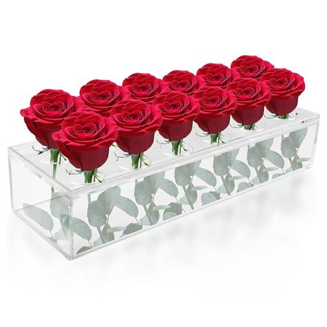 PRICES MAY VARY. Includes Eternal Faux Flowers (Rich Red Roses): This beautiful and non-recycled 100% Acrylic Lucite vase and flower bundle, unlike many others, comes with reusable luxurious faux flowers. Perfect for quick set-up and clean up. These flowers can be reused for every event. Easy and compatible storage, untill the next time you need it. Acrylic Vases For Centerpieces: The rectangular flower vase is made of 100% acrylic, lightweight and durable. It's glossy finish and smooth edges ma Acrylic Flower Vase, Red Roses Centerpieces, Romantic Table Decor, Tray Centerpiece, Red Centerpieces, Home Dining Table, Centerpiece Home, Acrylic Vase, White Centerpiece