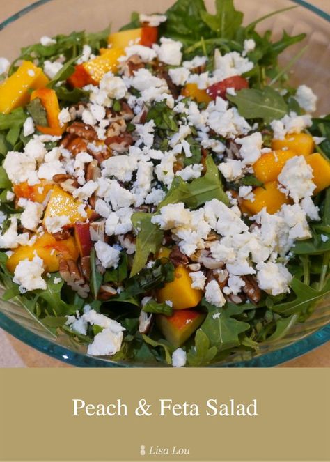 Bright and Delicious Peach and Feta Salad Salad Ingredients: *2 peaches *1 small box (5 ounces) of arugula *1 small box (5 ounces) of spinach *2/3 cup chopped pecans *4 ounces feta cheese *1 tablespoon chopped basil Salad With Peaches And Feta, Peach Feta Salad, Homemade Balsamic Vinaigrette, Feta Salad Recipe, Feta Cheese Salad, Foodie Friday, Salad Salad, Watercress Salad, Peach Salad