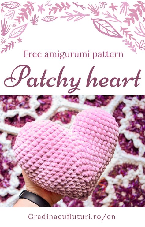 Free crochet amigurumi pattern for an assymetrical heart made with chenille or velvet yarn, perfect as a Valentine's gift. Great for beginner crocheters. What To Crochet With Velvet Yarn, Heart Plushie Crochet Pattern, Heart Plushie Crochet, Heart Plush Pattern, Crochet Heart Plush, Heart Crochet Pillow, Heart Pillow Crochet Pattern, Velvet Yarn Crochet Patterns, Crochet Velvet Yarn