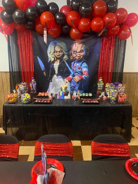 Chucky Halloween Party, Chucky And Tiffany Birthday Party, Chucky And Tiffany Gender Reveal, Chucky Party Decorations, Chucky Gender Reveal, Chucky Party Ideas, Chucky Themed Birthday Party, Chucky Birthday Party Ideas, Tiffany Birthday Theme